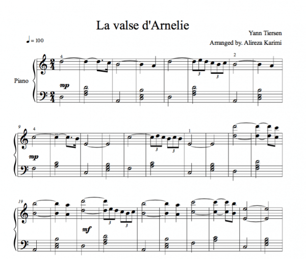دانلود و خرید نت La valse d'Arnelie Yann Tiersen
